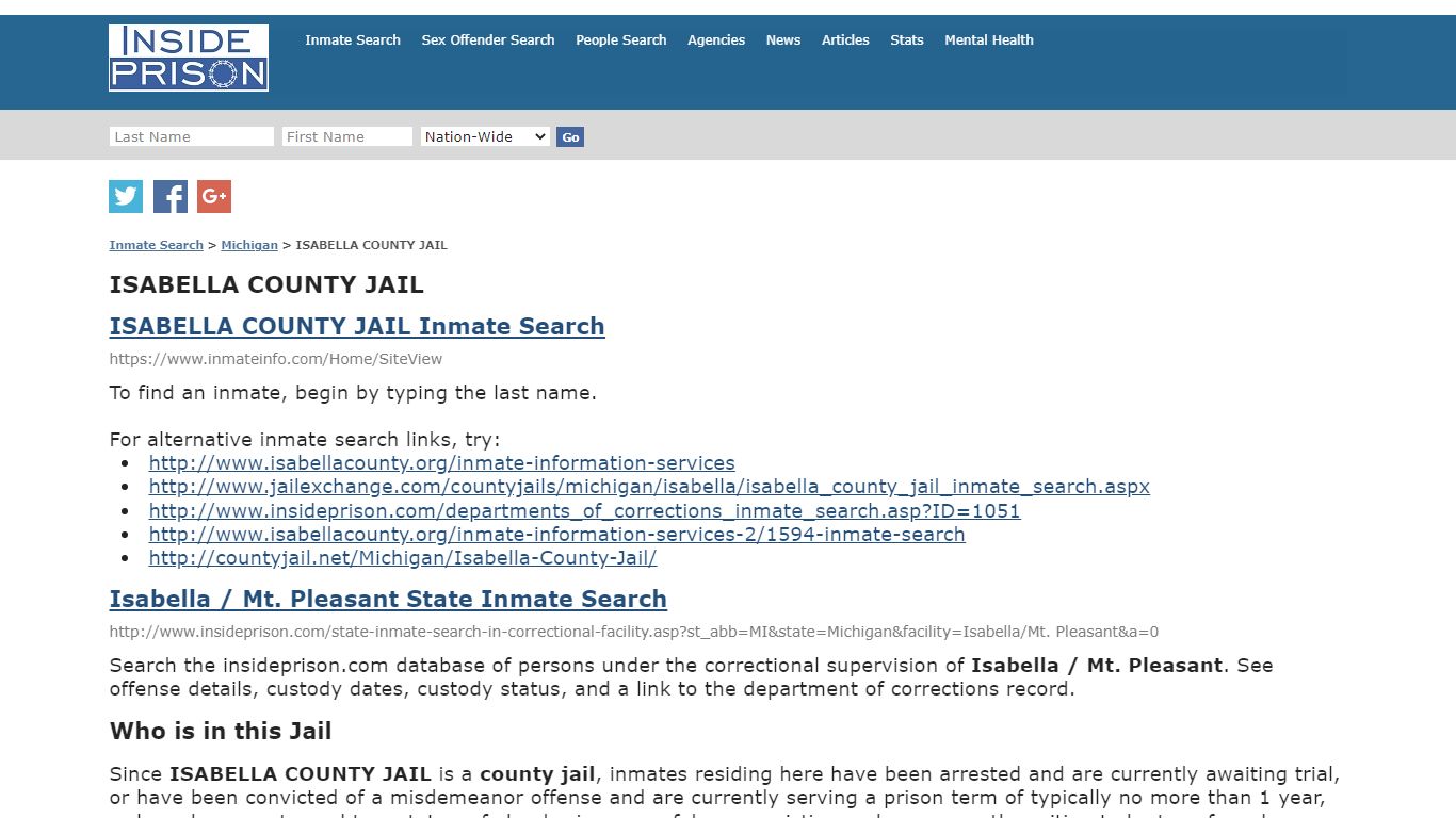 ISABELLA COUNTY JAIL - Michigan - Inmate Search